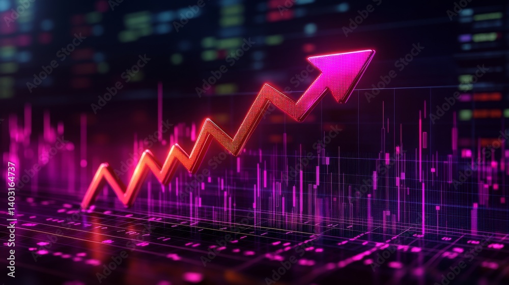 A visual representation in 3D of stock market charts, highlighting capital growth with rising values A visual representation in 3D of stock market charts, highlighting capital growth with rising values