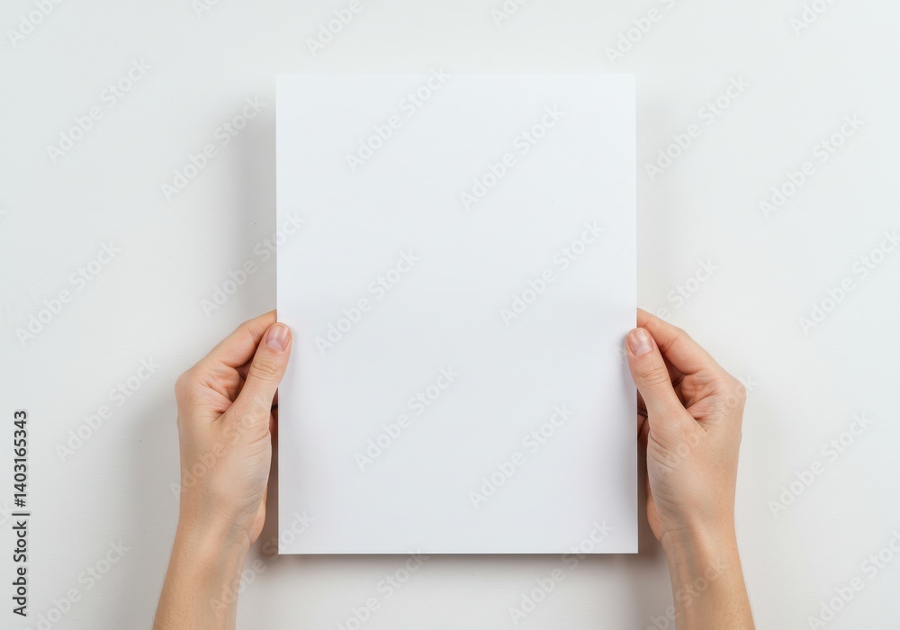 Hands holding a blank white paper sheet against a white background in a studio setting Hands holding a blank white paper sheet against a white background in a studio setting