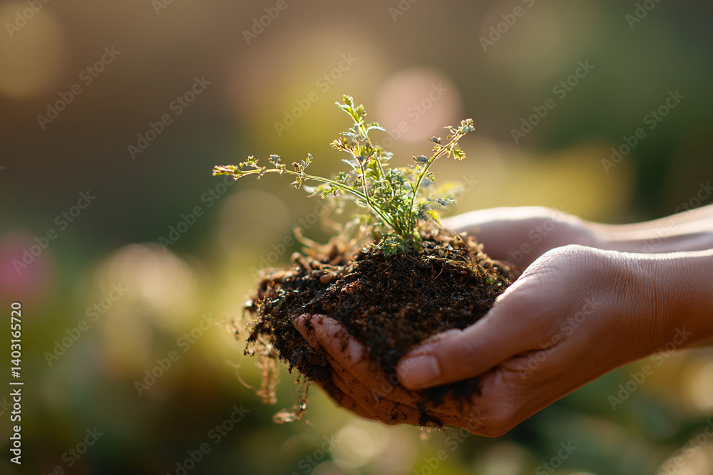Fototapeta premium Hands holding soil with a small sprouting plant