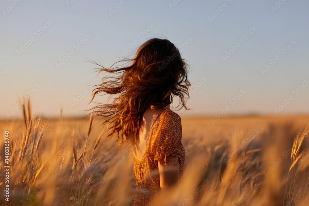 Obraz premium Woman walking in wheat field at sunset