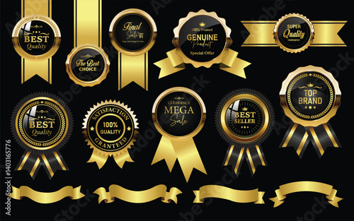 Golden luxury labels and banners, gold badge vector .premium quality certificate seal ribbons, Shield, VIP, super quality sticker tags and banners for best product seals, top no 1 brand  golden crown
