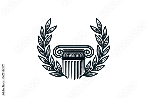 Engraved Ionic column with laurel wreath in bold black line style