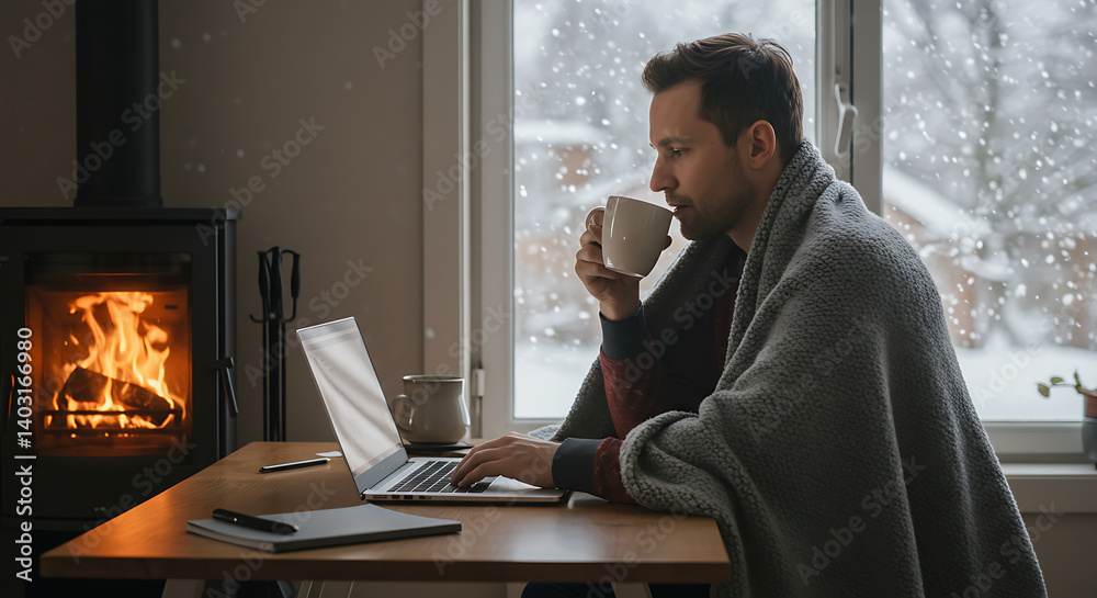 Fototapeta premium Cozy Winter Work: Man with Coffee by the Fireplace on a Snowy Day