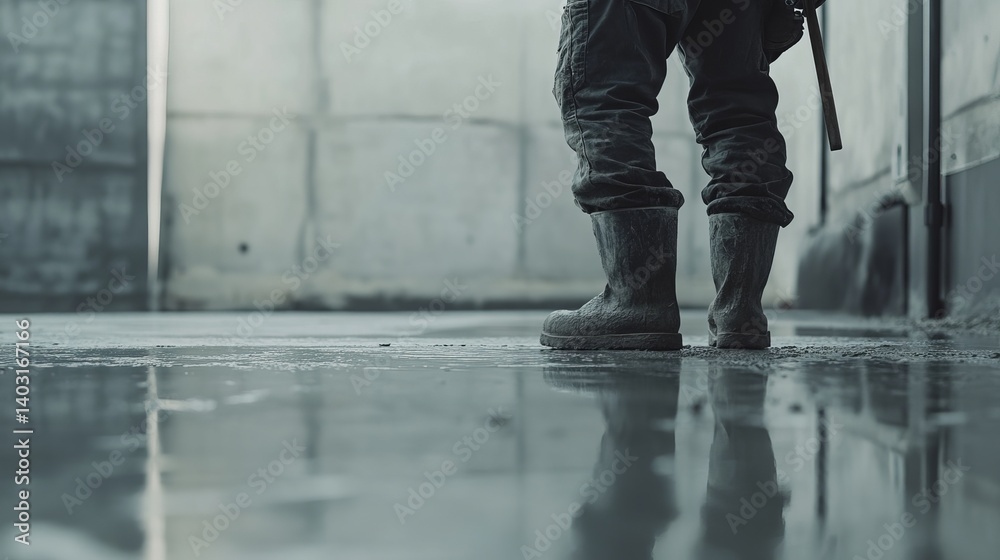 Concrete worker leveling fresh concrete slab for garage. Featuring precision and technique Concrete worker leveling fresh concrete slab for garage. Featuring precision and technique