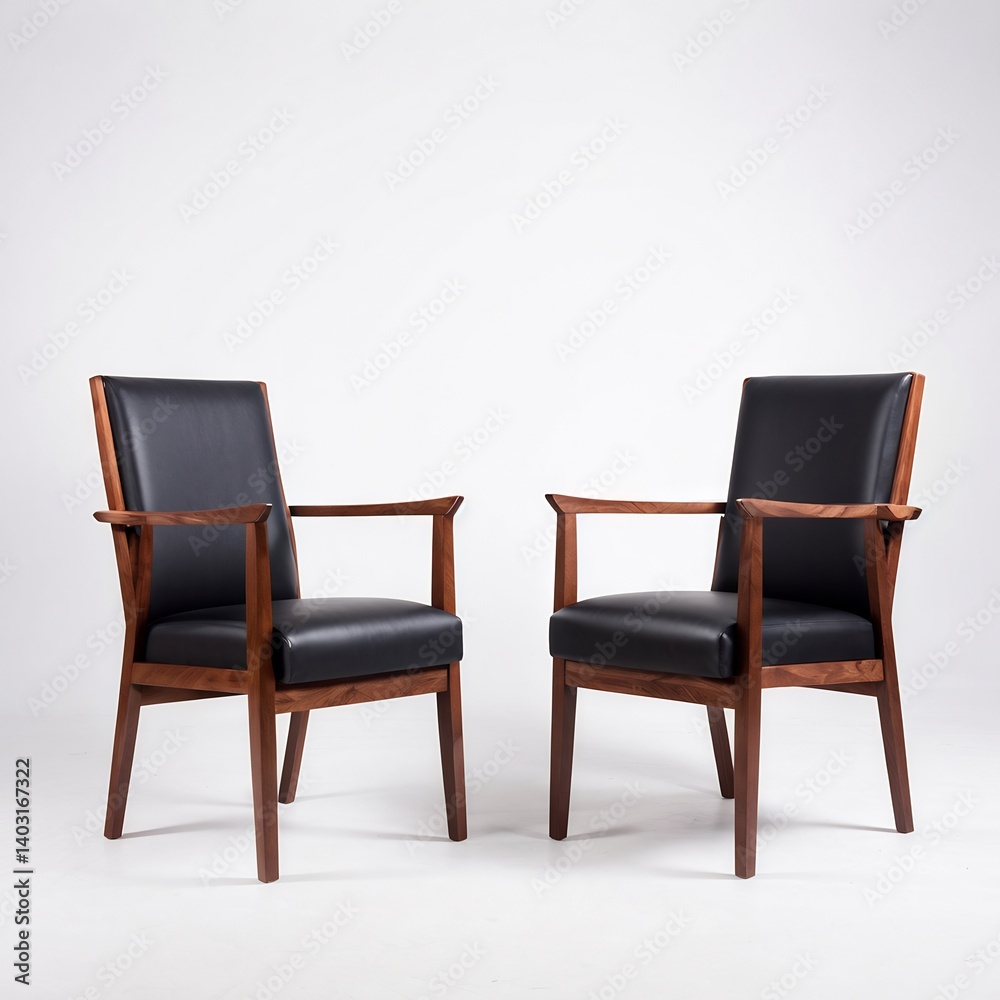 Fototapeta premium Two Modern Walnut Armchairs with Black Leather Upholstery