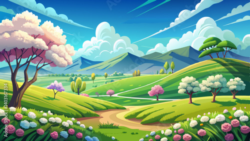 Wide open landscape with rolling green hills and a bright blue sky dotted with fluffy white clouds.