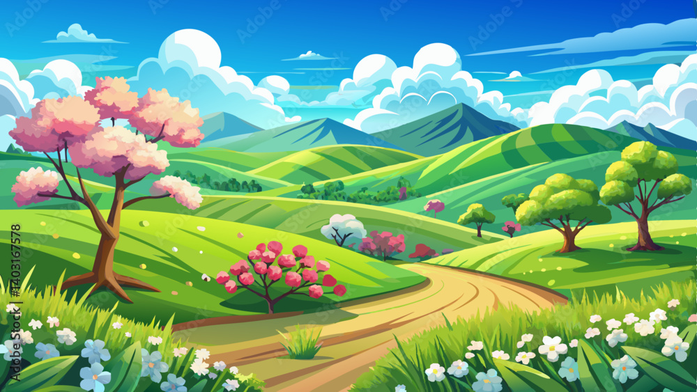 Obraz premium Wide open landscape with rolling green hills and a bright blue sky dotted with fluffy white clouds.