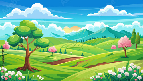 Wide open landscape with rolling green hills and a bright blue sky dotted with fluffy white clouds.