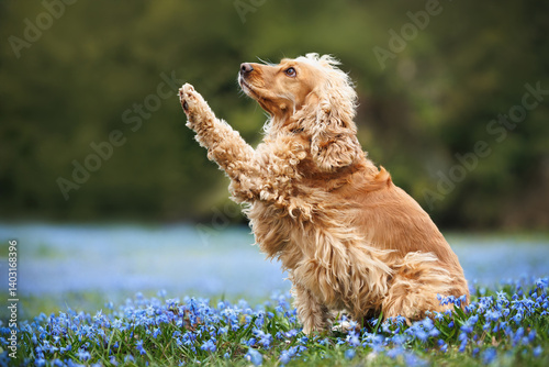 english cocker spaniel dog with raised paw in the air on a beautiful field with blue scilla flowers