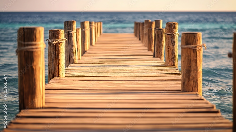 Fototapeta premium Wooden pier extending into calm waters, bathed in natural light, evoking tranquility and timeless serenity. 
