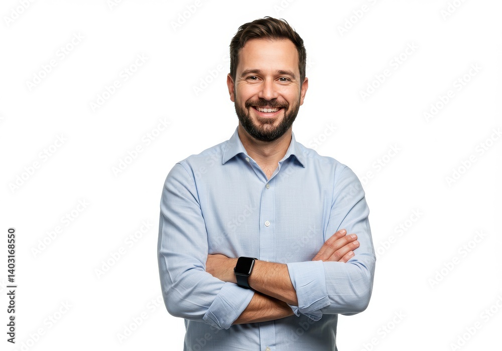 Portrait of a smiling man with arms crossed wearing a light blue shirt on a white background looking happy Portrait of a smiling man with arms crossed wearing a light blue shirt on a white background looking happy