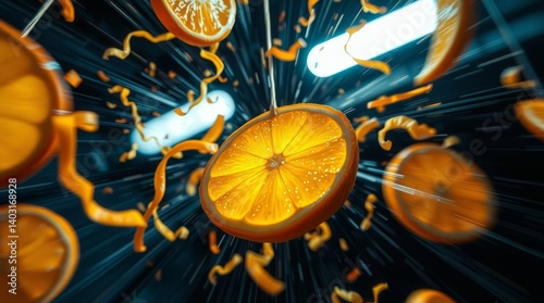 Suspended Orange Slice and Peel on White