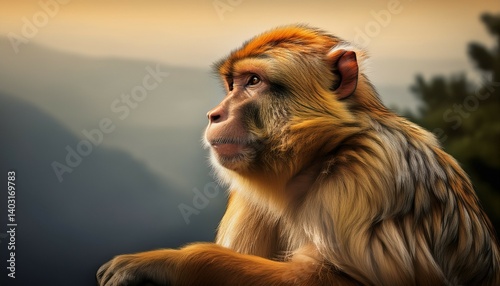 side view portrait of a sitting barbary macaque monkey generative ai