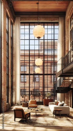 Industrial loft interior with city views