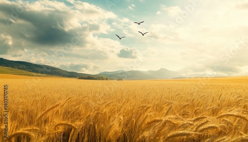 Golden wheat field stretches towards a mountain range under a partly cloudy sky. photo