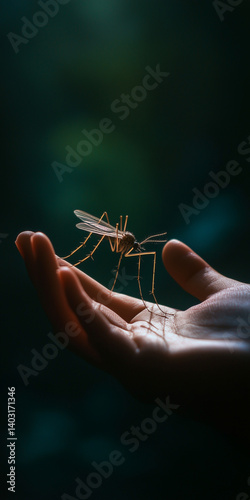 Hands gently cup a small green plant, revealing a detailed insect, perhaps a tiny grasshopper or fly