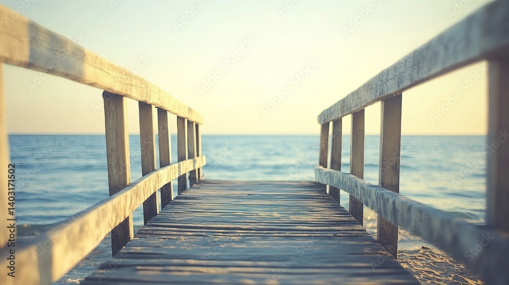 Obraz premium Wooden pier extending into calm waters, bathed in natural light, evoking tranquility and timeless serenity. 