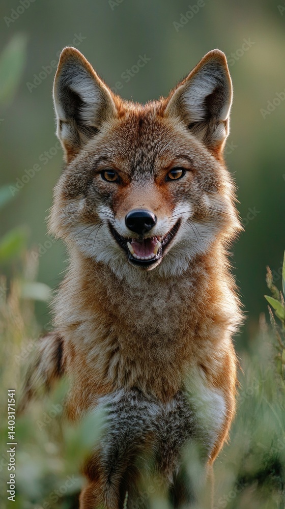Fox with open mouth on the background of greenery, bright eyes and ears. Suitable for nature illustrations, educational materials, packaging design.
