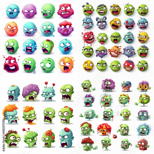 Collection of cartoon zombie faces with various expressions.