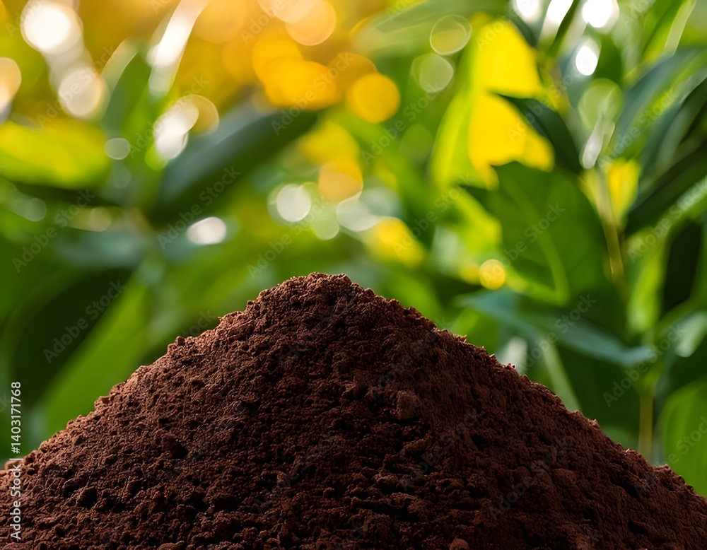 soil against the background of blurred plants, pile of fertile ground soil against the background of blurred plants, pile of fertile ground