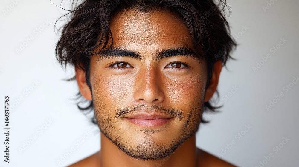 Fototapeta premium Young man smiling against a neutral background; facial portrait shot