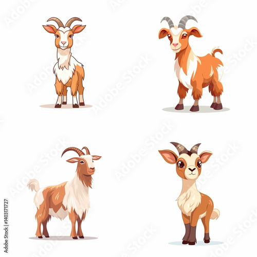 Four cartoon goats in various poses, showcasing different color patterns.