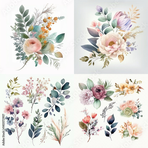 Four botanical floral bouquets with pastel colors and delicate details.