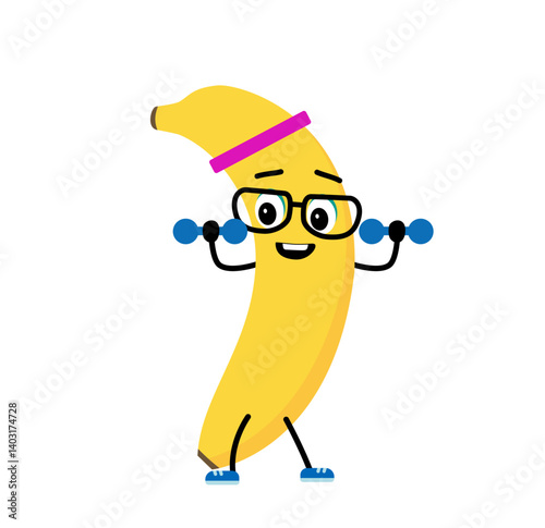 A cute, strong banana. The concept of classes in the gym with the image of banana illustration in flat style.
