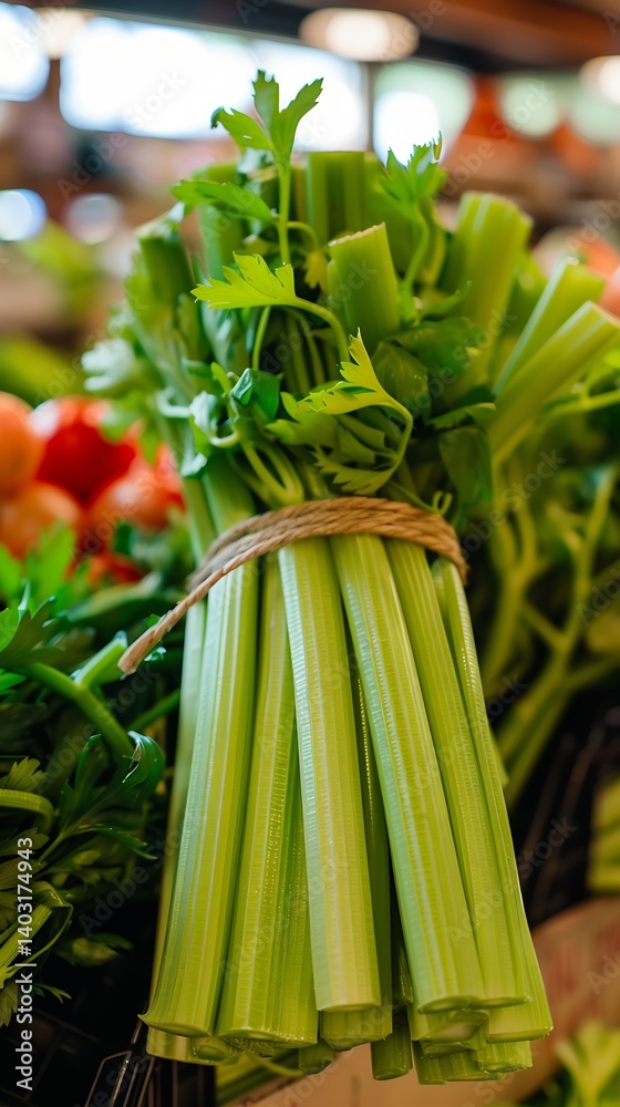 Obraz premium Freshly harvested celery bunch arranged neatly on display in a vibrant market setting : Generative AI