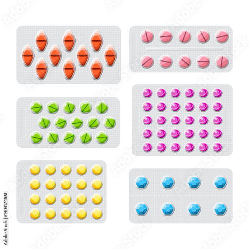 Vector set of various medical pills in packaging flat style