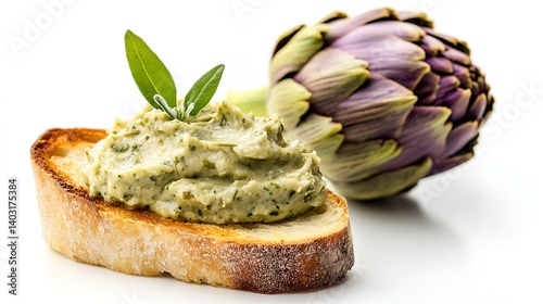 Artisan Bread with Delicious Green Olive Spread and Fresh Artichoke : Generative AI photo