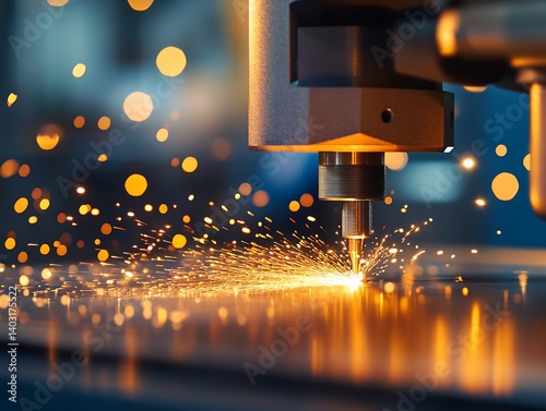 High precision laser cutting machine in action creating bright sparks in workshop : Generative AI