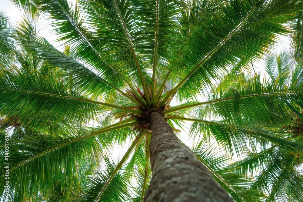 Obraz premium Upward view of a palm tree showcasing its trunk and spreading fronds