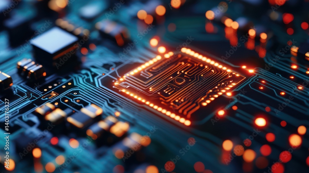 Fototapeta premium Glowing CPU on Circuit Board, Tech Background, Data Processing