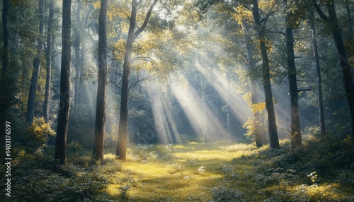 Sunlight streams through a serene forest, illuminating the woodland floor.