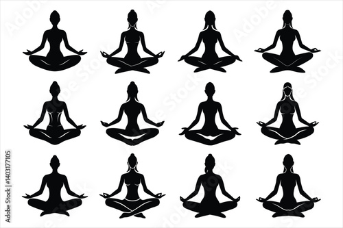 Set of yoga meditating woman silhouette vector icon illustration on white background.