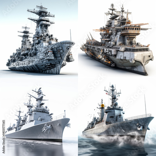 Futuristic and antiquated warships displayed in a grid layout.