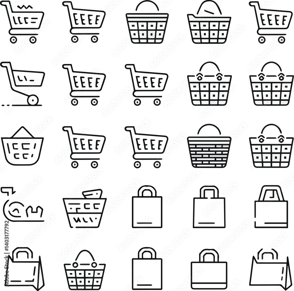 Create a Set of 30 outline icons related to shopping cart, shopping basket, shopping bag. Linear icon collection. Editable stroke. Vector illustration .