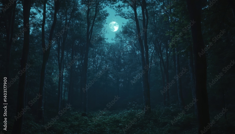 Obraz premium Moonlit forest scene of deep twilight.