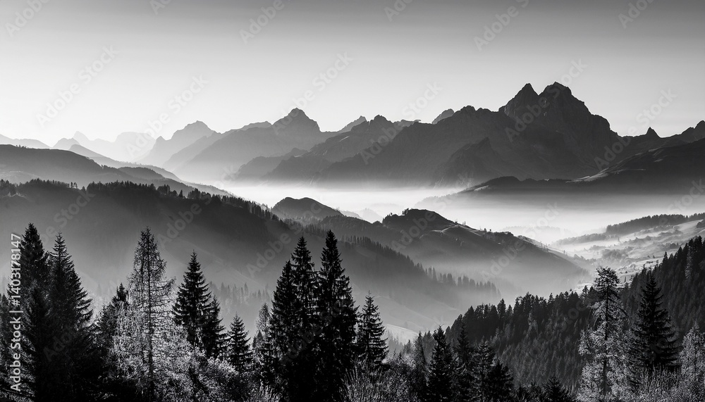 Obraz premium Mountain ranges in the morning haze black and white landscape