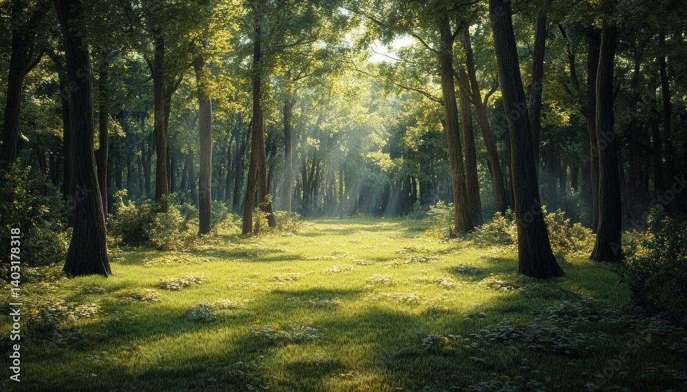 Obraz premium Sunlight streams through a serene forest pathway.