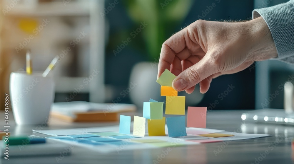 Fototapeta premium Creative Hand Stacking Colorful Sticky Notes on a Desk Surface