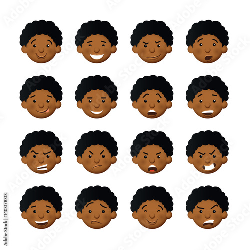 African men with rosy cheeks. Vector avatars and emoticons set.