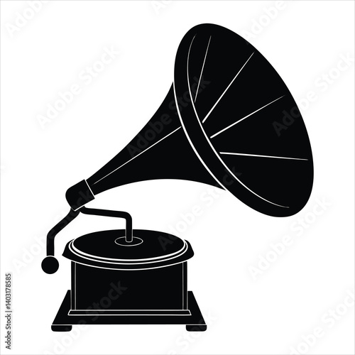  A vintage phonograph silhouette vector icon illustration on white background.