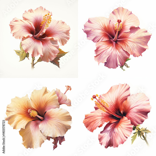 Four vibrantly colored hibiscus blossoms in a detailed botanical illustration.