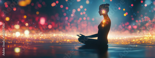 Inner Light: A woman meditates, radiating ethereal energy amidst a breathtaking cosmic landscape of shimmering lights and vibrant bokeh.