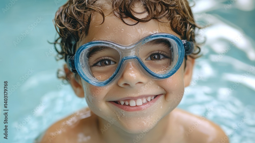 Fototapeta premium Smiling child in goggles, pool
