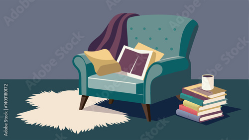 A vintage velvet armchair accented with a faux fur throw and a stack of fashion magazines on the side table.