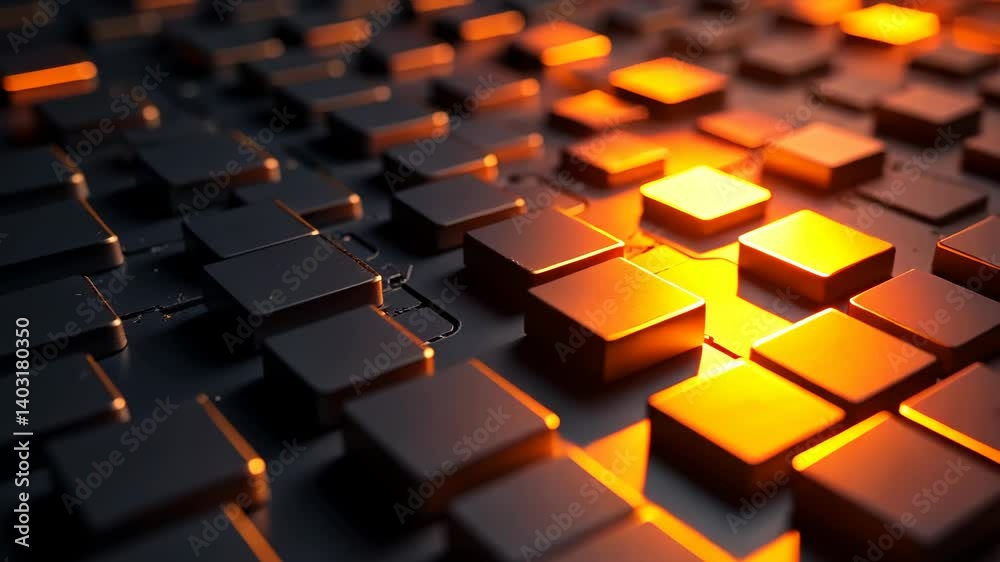 Black square blocks with glowing orange edges arranged on a grid, realistic style, dark background, concept of digital technology and innovation