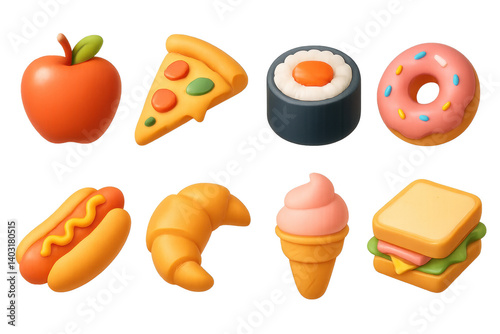 Colorful 3d food icons set featuring pizza, sushi, ice cream, and more for creative projects
